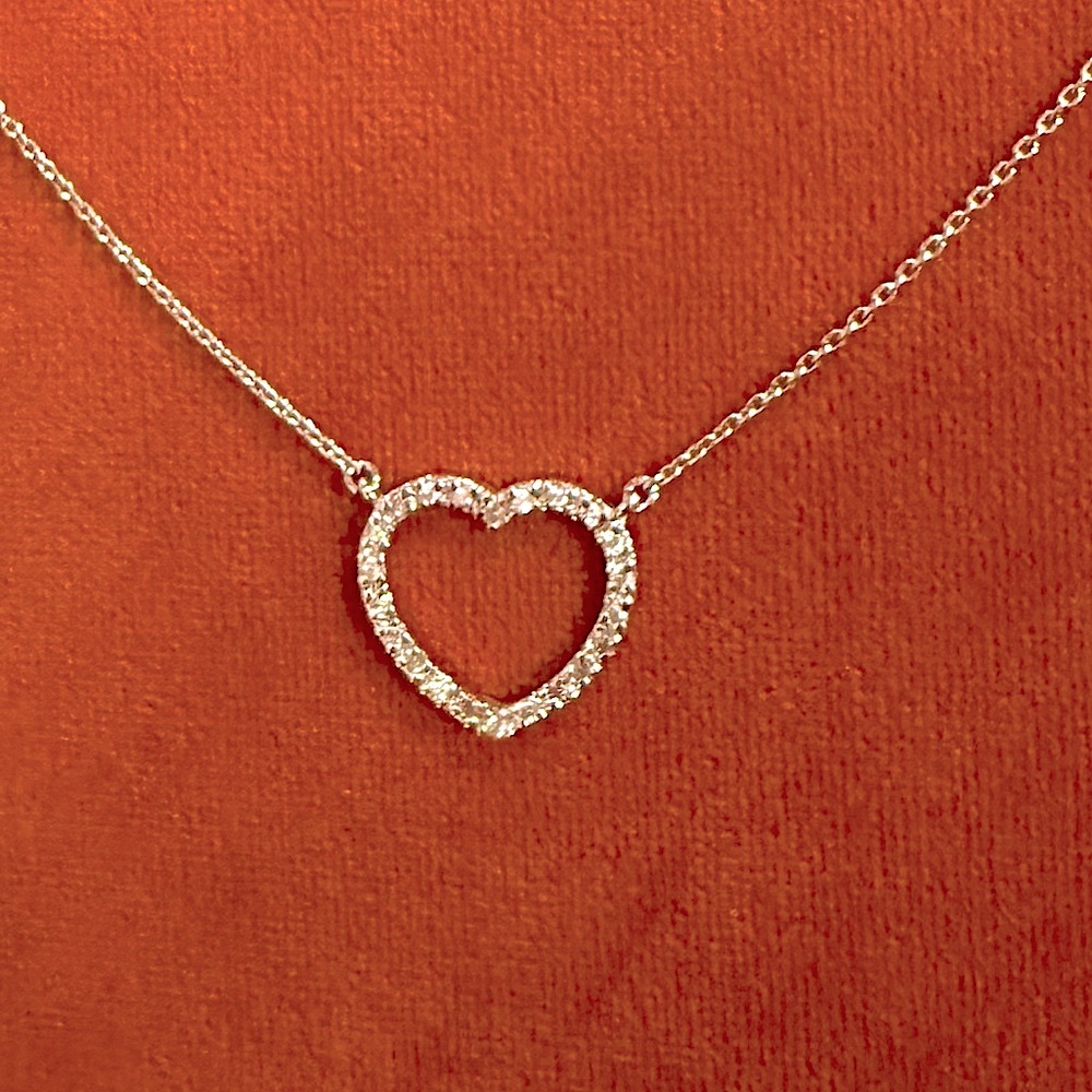 Vintage White Crushed Pave Diamonds Sterling Silver Open Heart Pendant Necklace